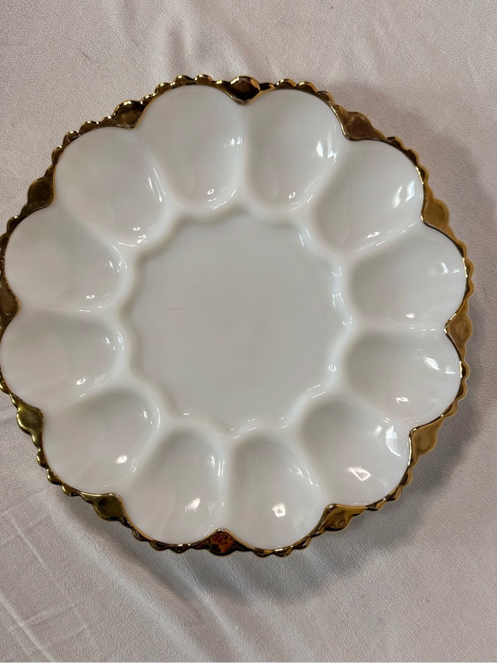 Vintage Milk Glass Deviled Egg Plate Gold Trim 10 Inch